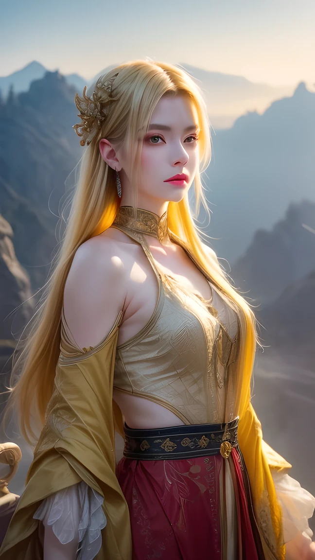 mulher loira com um vestido dourado, V-neckline to the navel, vendas laterais, seis grandes, posando em um campo, inspirado em prostituta dos reis e nobres, obras de arte no estilo de guweiz, princesa de cabelos loiros, olhos azuis, cores vibrantes,  karol bak uhd, Deusa Loira, estilo de arte de fantasia, linda donzela de fantasia, wlop e ross tran, blonde elven empress, linda mulher de anime sedutora, inspirado em WLOP, O primeiro trabalho de Guweiz, realistic fantasy rendering, cinematic quality 