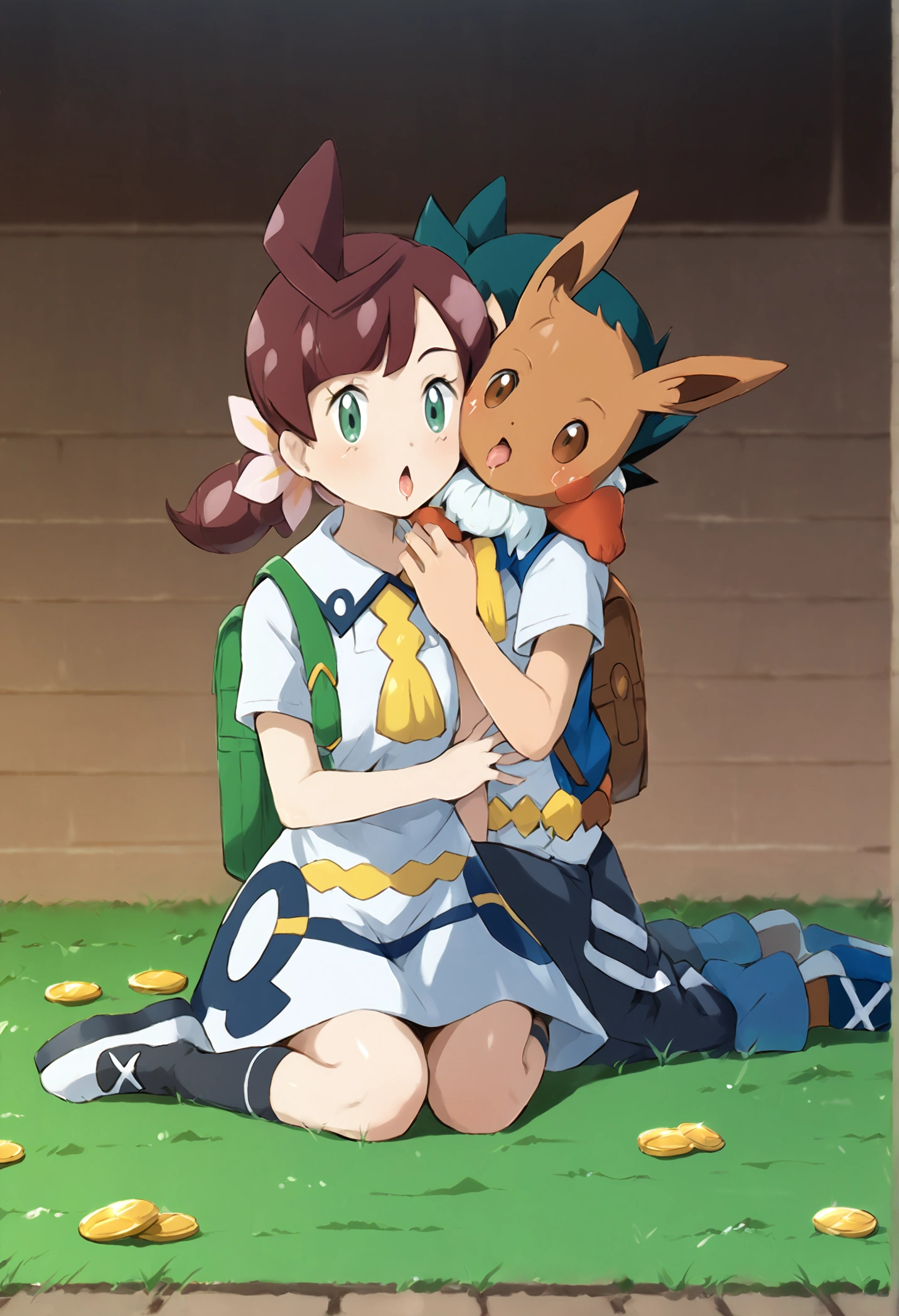 (photorealism:1.2), Draw Chloe cerise (Pokemon) sitting on a bench and behind her a sign on which is written: To lick my feet, you must pay 100,000 gold coins. Ash Ketchum - Pokemon journeys is kneeling in front of Chloe cerise (Pokemon) and throwing a bag of huge money in front of  Chloe cerise (pokemon). Ash Ketchum - Pokemon journeys was holding Chloe cerise (Pokemon) foot and licking her sole bare foot. Pokemon anime make the characters wear the normal clothes that they wear in the anime. Make a realistic drawing, just like the Pokemon drawing