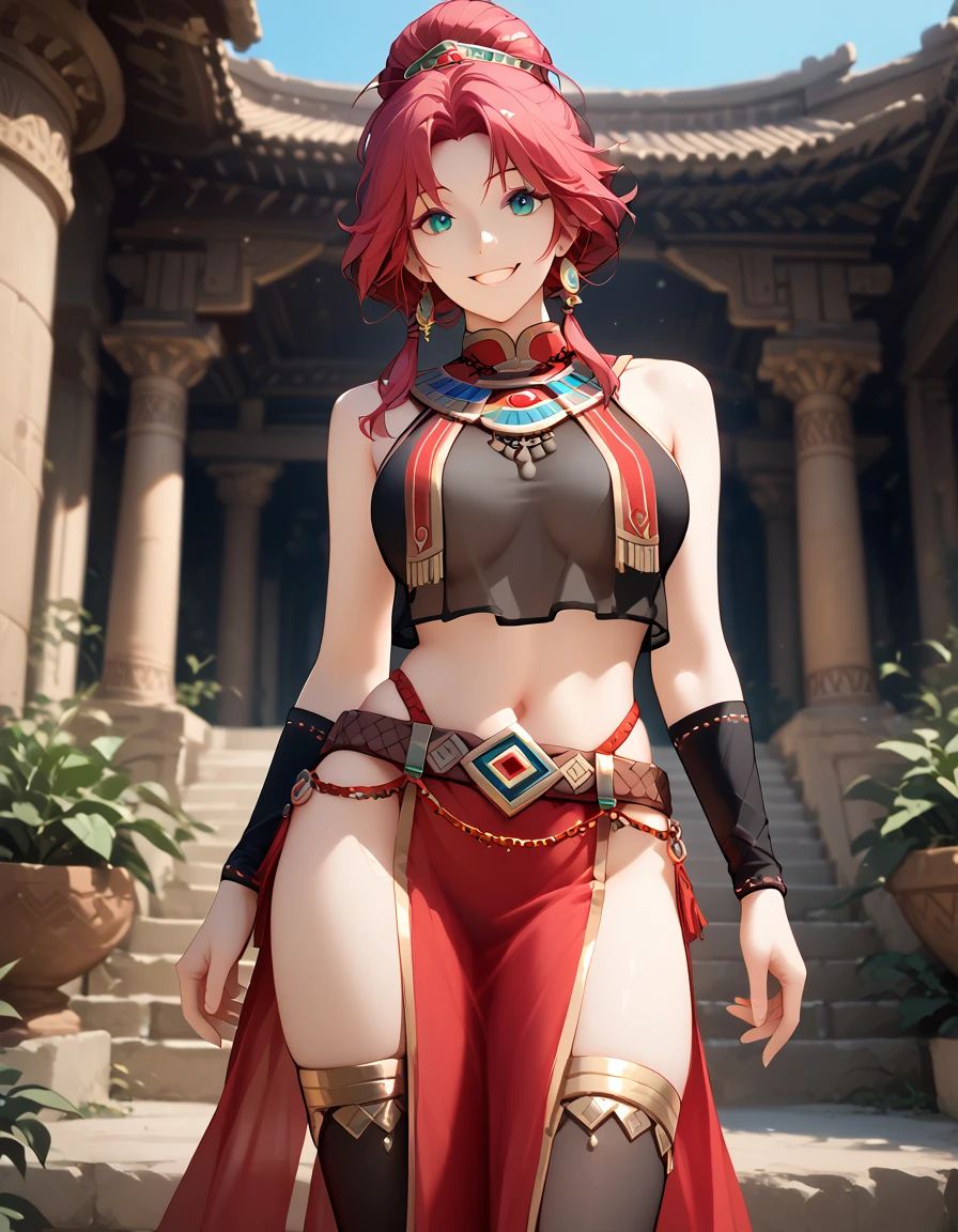 faint light , see through clothes , (best quality:1.2) , masterpiece , Full shot , pelvic curtain , toeless legwear , (breast_curtain , crop top:1.2) , active , jewelry , Shoulders are exposed , Zonau Civilization Costumes , Smile ,  Mayan Temple Outdoors , Bejeweled Belt 