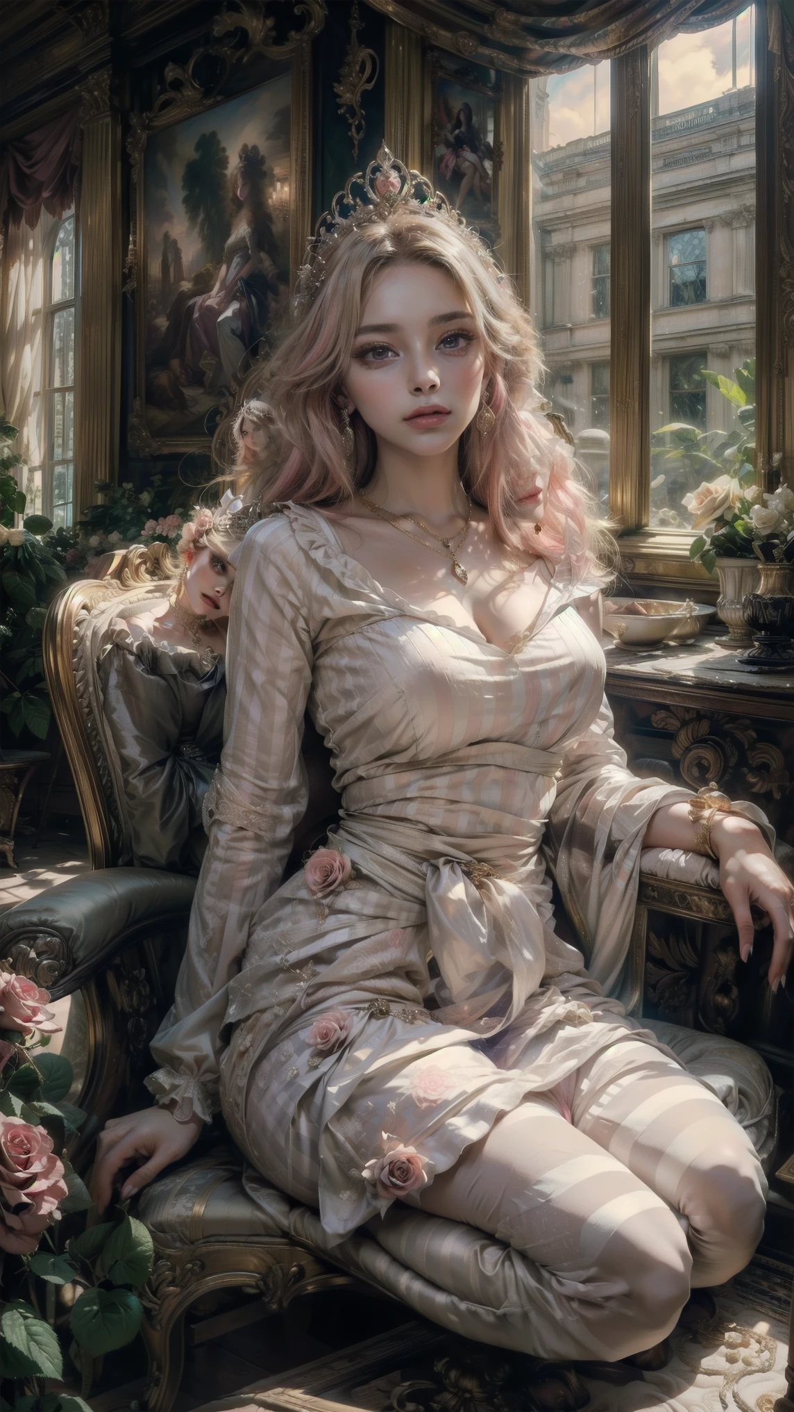 (Masterpiece, highest quality, Best Quality, Beautiful and aesthetic:1.2), full body, red-haired woman with long, wavy hair (reaching her waist:1.3), (perfect face:1.1), ultra-high resolution, elegantly dressed in a Rococo-style ruffled gown, pink and white color palette with gold accents, intricate details, long sleeves, romantic and luxurious, (sitting in a luxurious chair:1.3), hands resting gracefully on her knees, wearing a gold tiara with floral embellishments, (shining eyes:1.2), delicate white gloves with pink flowers, detailed necklace and matching earrings, (gorgeous rose-colored dress with white-striped pink fabric:1.4), magenta ribbon flowing down her chest, dramatic lighting, rainbow light filtering in, (luxurious interior of Victoria Palace:1.3), reflected rosebush in the window, ultra-detailed surroundings, captivating beauty, NSFW.