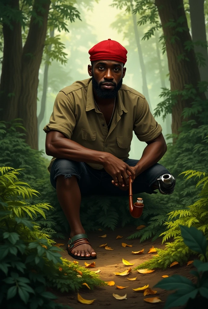 A black man with a thin beard, green robe-type shirt, black Panama hat with red stripe, evil looking and smoking a pipe in the woods holding a rooster