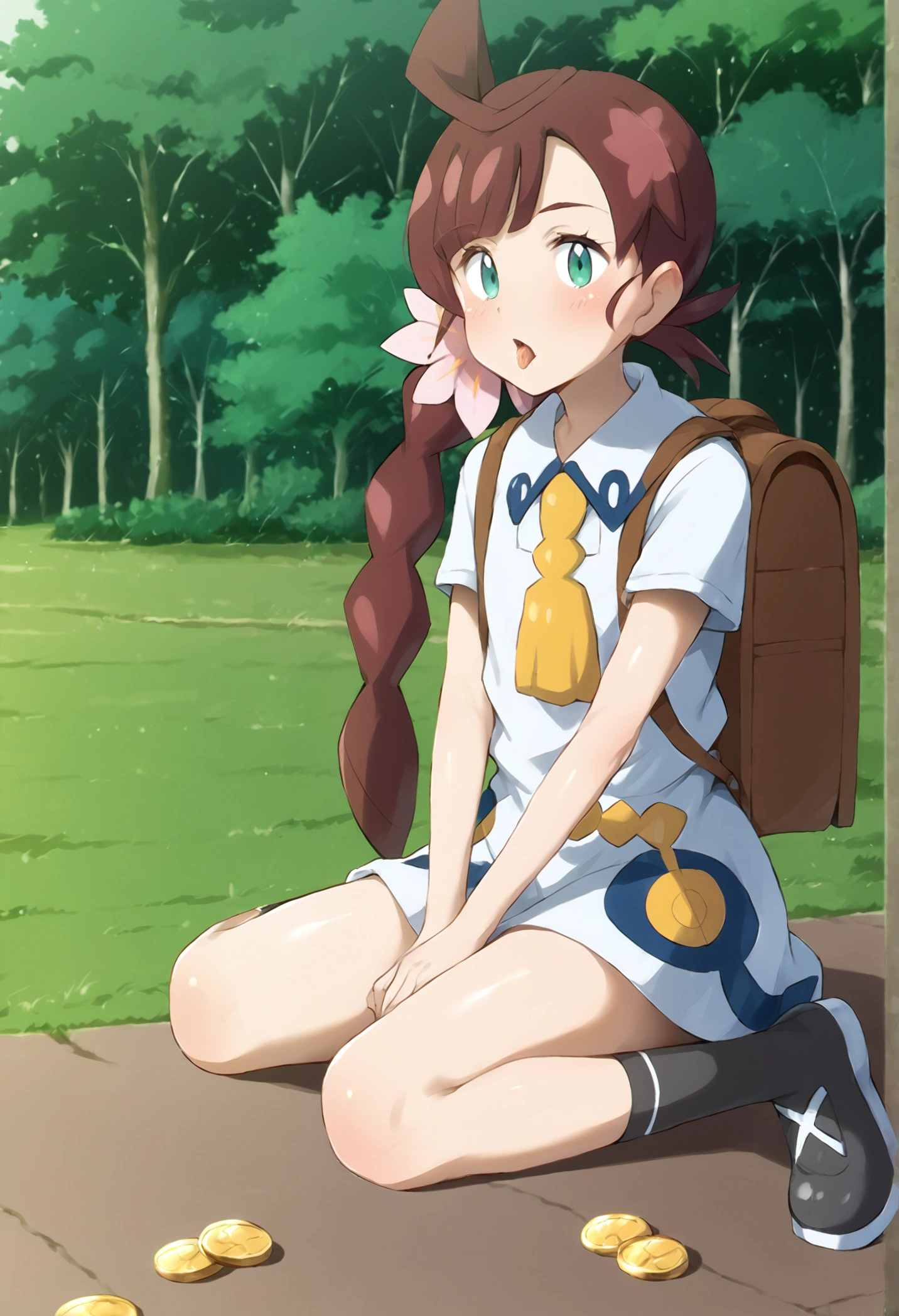 (photorealism:1.2), Draw Chloe cerise (Pokemon) sitting on a bench and behind her a sign on which is written: To lick my feet, you must pay 100,000 gold coins. Ash Ketchum - Pokemon journeys is kneeling in front of Chloe cerise (Pokemon) and throwing a bag of huge money in front of  Chloe cerise (pokemon). Ash Ketchum - Pokemon journeys was holding Chloe cerise (Pokemon) foot and licking her bare foot. Pokemon anime make the characters wear the normal clothes that they wear in the anime. Make a realistic drawing, just like the Pokemon drawing