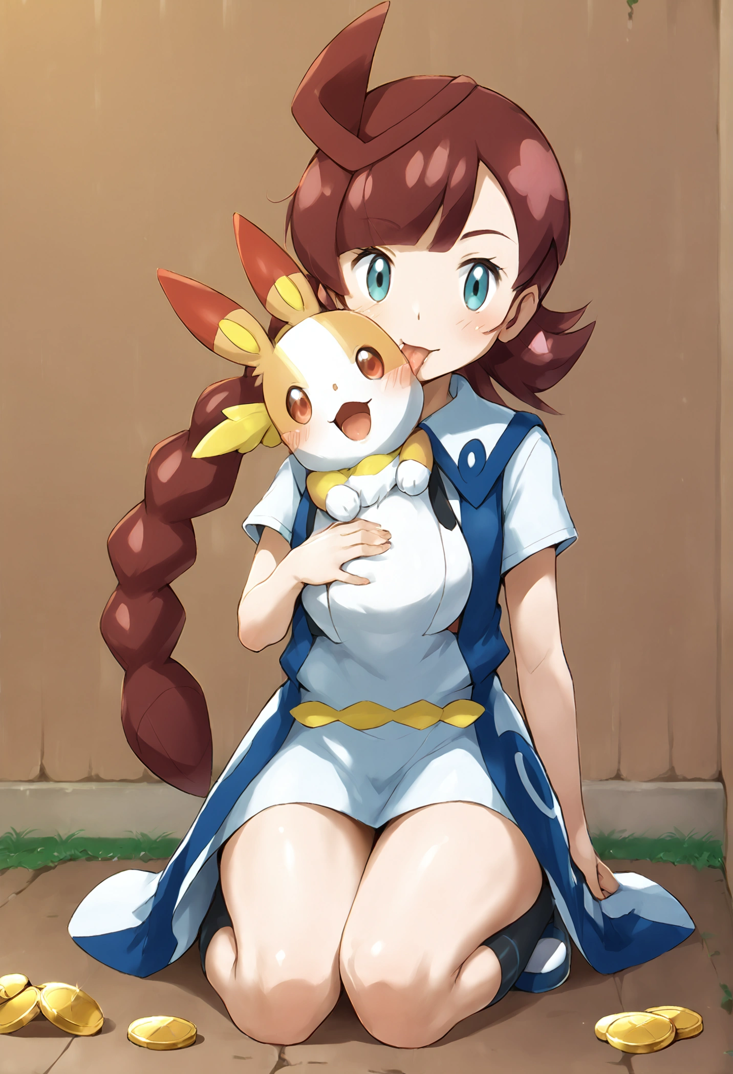 Clothing with a metal rod,Vivid colors,Brown Hair,Big collar、Exposed breasts,Exposed pussy,（beige skin,Beige breasts,Beige thighs,Pink nipples,）Light blue eyes,A picture of a woman holding a monster ball, Pokemon Misty, Gainax Anime Style, Also, Masamune Shirow, Inspired by Rei Kamoi, inspired by Un'ichi Hiratsuka, Singey, Cool pose, dramatic Grin pose, Female protagonist 👀 :8, Grin, rei hiroe