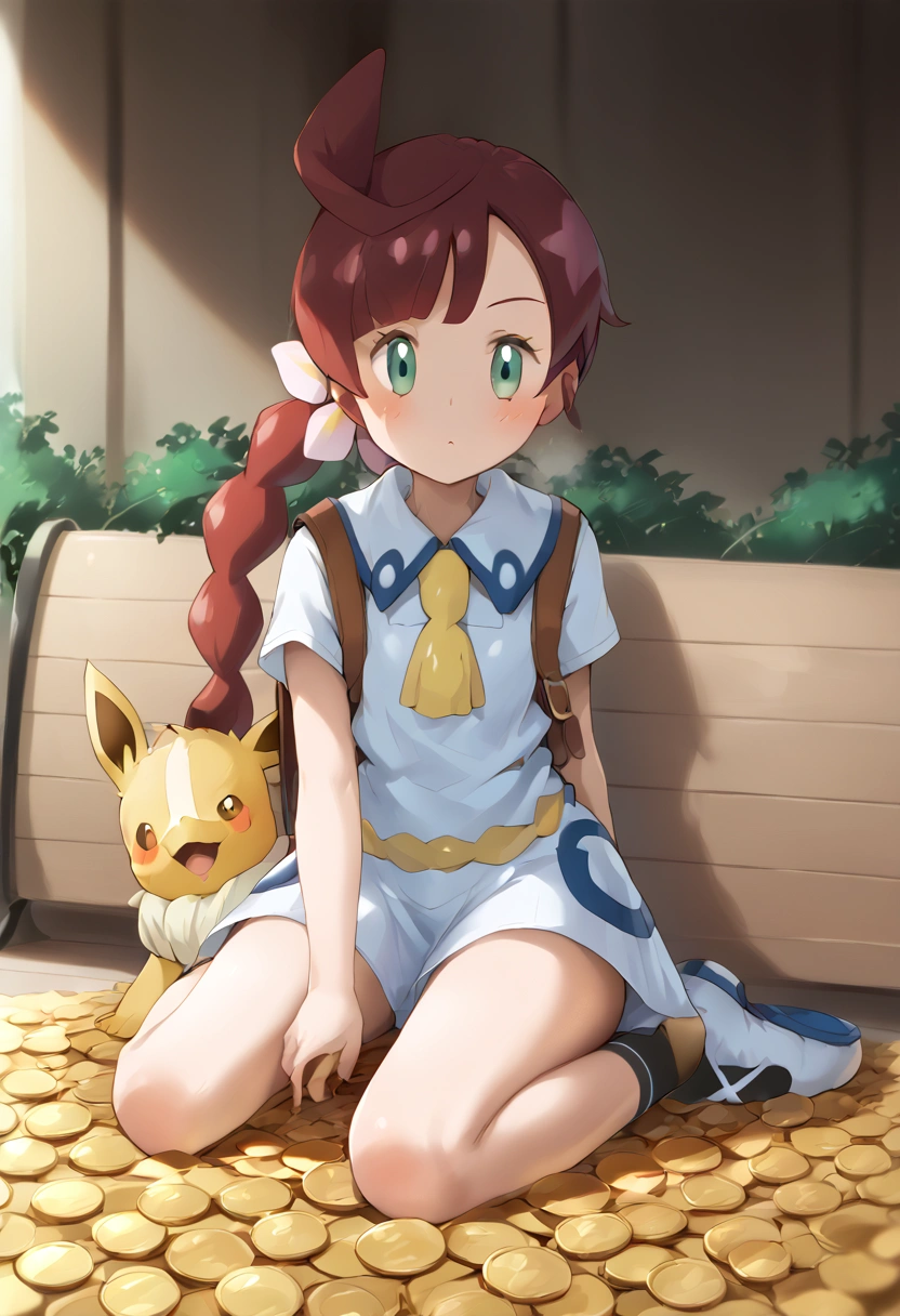 (photorealism:1.2), Draw Chloe cerise (Pokemon) sitting on a bench and behind her a sign on which is written: To lick my feet, you must pay 100,000 gold coins. Ash Ketchum - Pokemon journeys is kneeling in front of Chloe cerise (Pokemon) and throwing a bag of huge money in front of  Chloe cerise (pokemon). Ash Ketchum - Pokemon journeys was holding Chloe cerise (Pokemon) foot and licking her sole bare foot. Pokemon anime make the characters wear the normal clothes that they wear in the anime. Make a realistic drawing, just like the Pokemon drawing