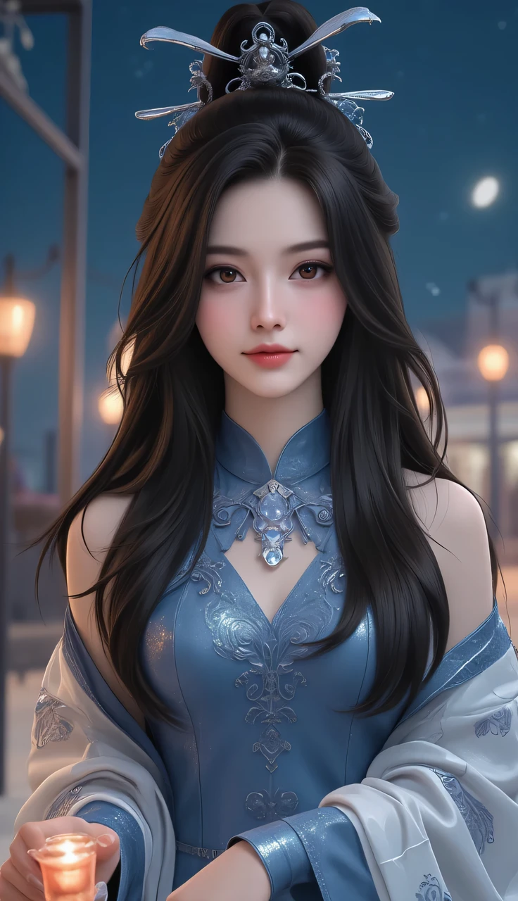 The long hair of the Korean lady is like stars twinkling in the night sky, emitting a charming glow. Her hairstyle is elegant yet majestic, with slightly curled ends adding a touch of softness and agility, making people unable to help but stop and admire it.