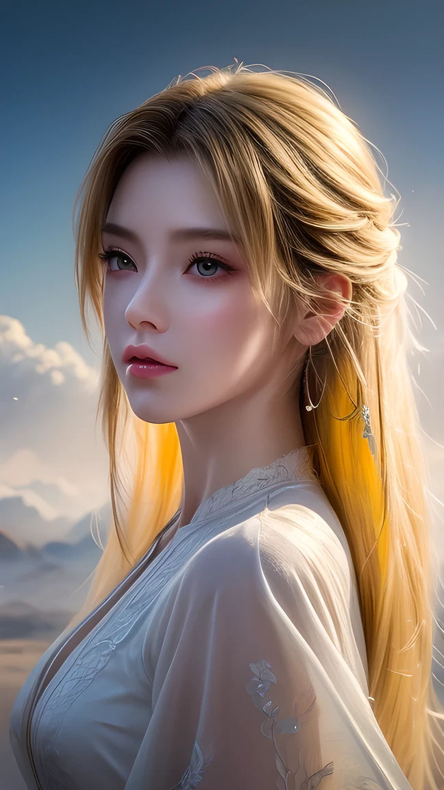 (masterpiece), Fine details, Smooth and natural, (1 Girl), Yellow hair, Qiancheng Xue, Hair and palm absorb , Beautiful and dignified, majestic, Rich background details , (cloud+Wide Angle), thick and precise fog , an illusory sky, Beautiful paintings, ink sense ,"
