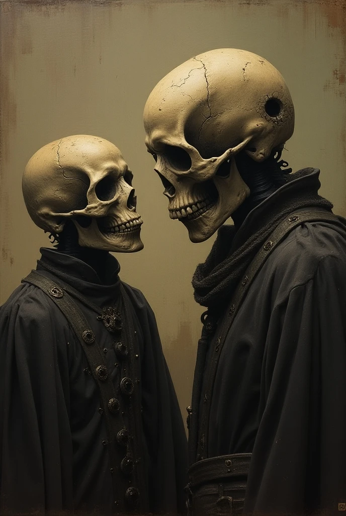 gothic image of a bald skull surrounded by stylized hearts. Very dark and creepy vibes. Black background.