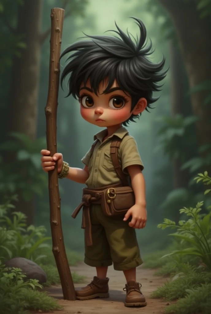 Small thin girl, a bit tanned, brouwn hair, and happy expression, only covering her privates, wields a wooden sword