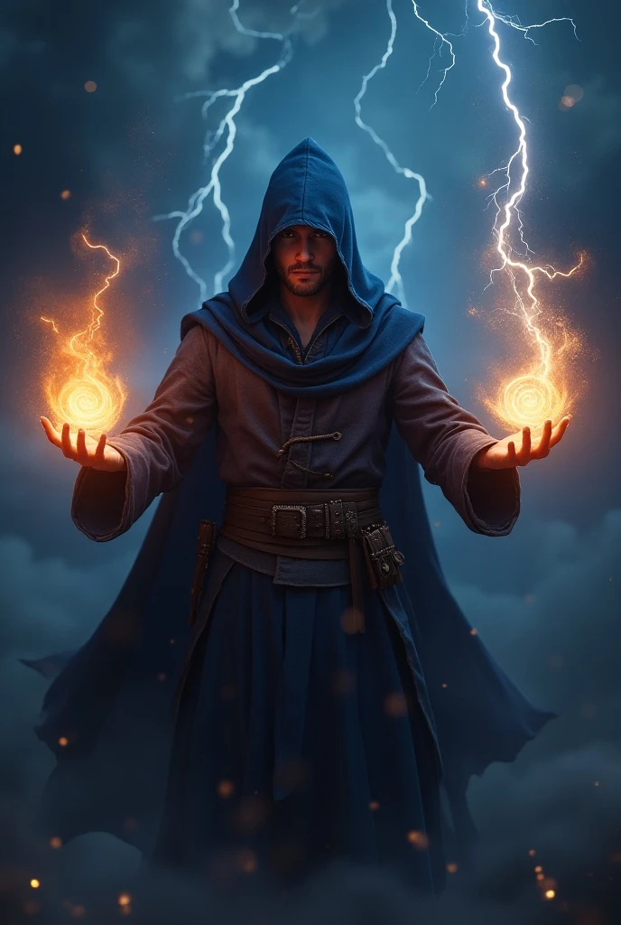 A young male wizard, wearing elegant blue assassin clothes, flying in the sky, with 2 small flames on the palms of his hands. Against the backdrop of the dark night sky, lightning flashes across the sky. High quality 3d fantasy images