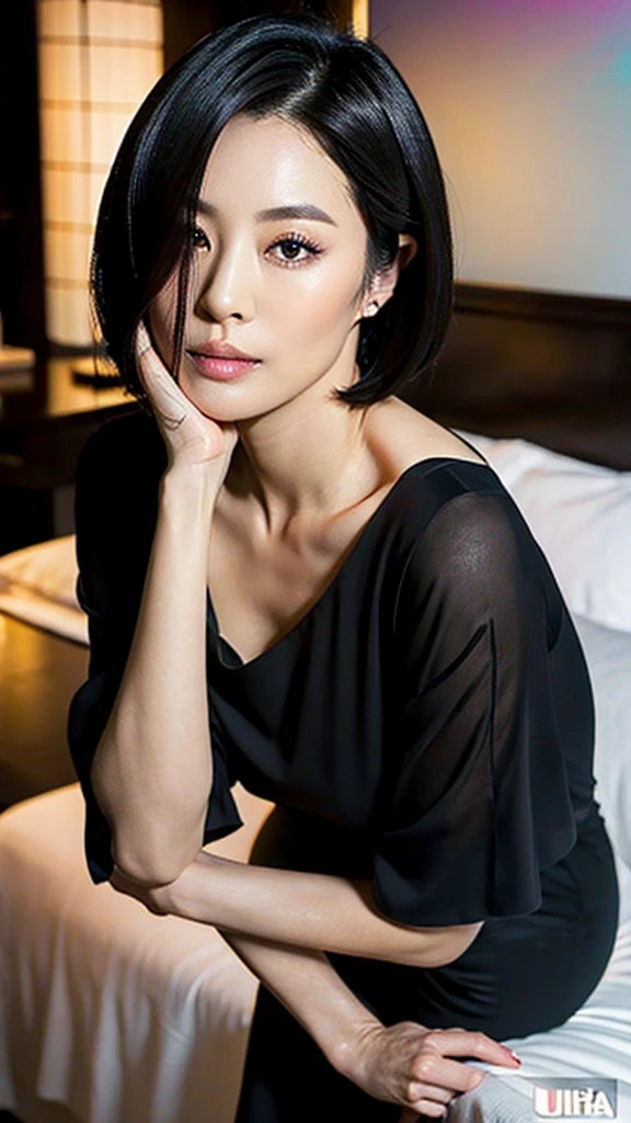 (( best quality)), ((masterpiece)), (Ultra fine)、Photo taken by a professional with Leica f1 .4 35mm by pro cameraman、(((full body))), sexy model pose standing   , dramatic lighting、A dark and elegant ultra-luxury hotel bedroom in the middle of the night、(1 Japanese actress、45yo, milf, Very intelligent and thoughtful、ultimate detailed beautiful face, Very beautiful face、Showing his forehead、no makeup、Elegant dark haired short bob:1.5)、(The beautiful dark intelligent eyes of a Japanese woman:1.8)、　(Curvaceous physique、A pure white business shirt with a short sleeve and a simple open collar with a long hem、bottomless, very thick long pubic hair、in heat, very sweaty , embarrassed, (blush:2)、gaze at viewer, I&#39;m lustful、 my whole body is wet、No makeup、No makeup:2) 、in ultimate sexy法悦