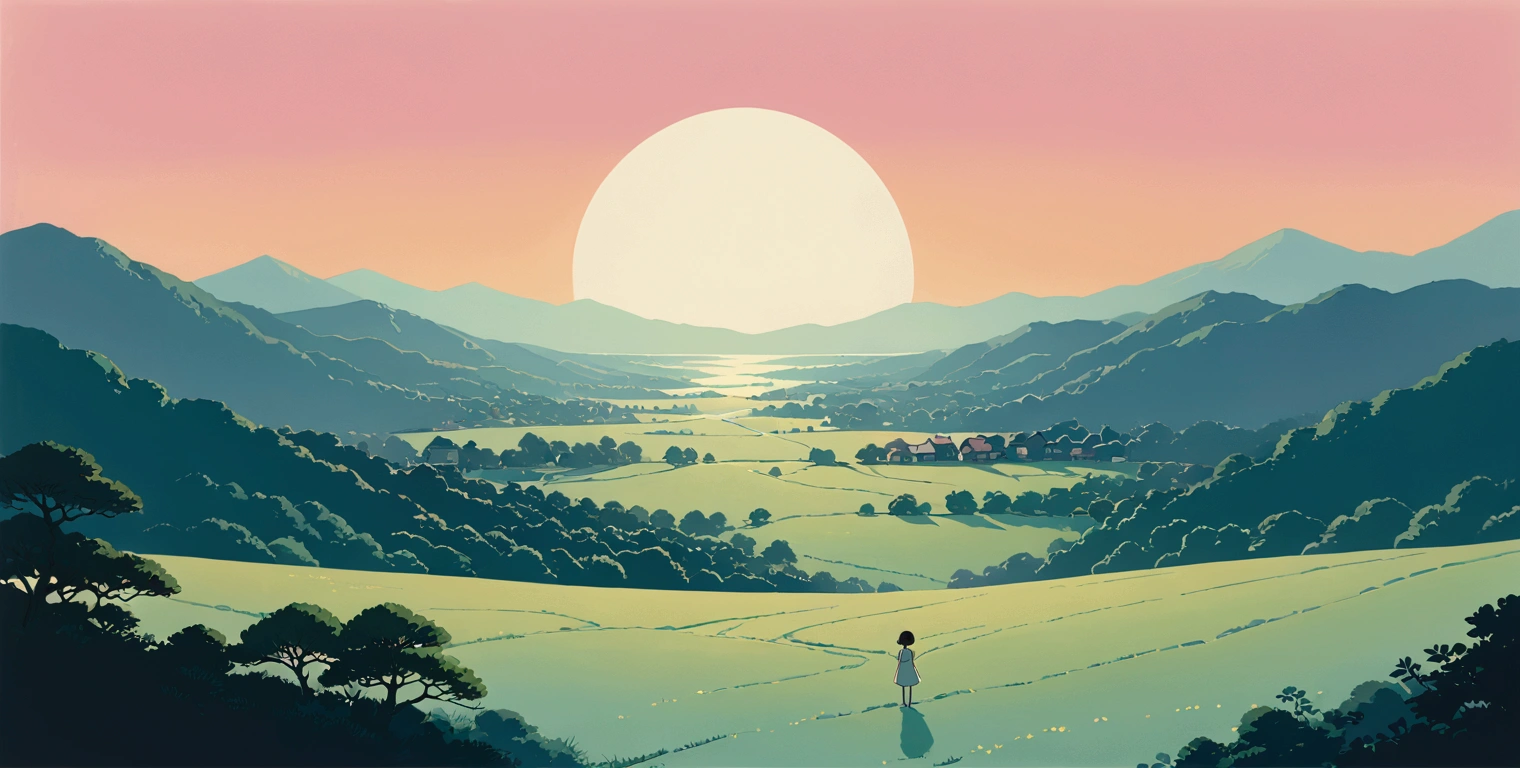 (minimalism:1.4), Lofi anime style, Studio Ghibli art, Miyazaki ,pastel , cute ,minimalist , landscape , SPIRITED AWAY From Hayao Miyazak