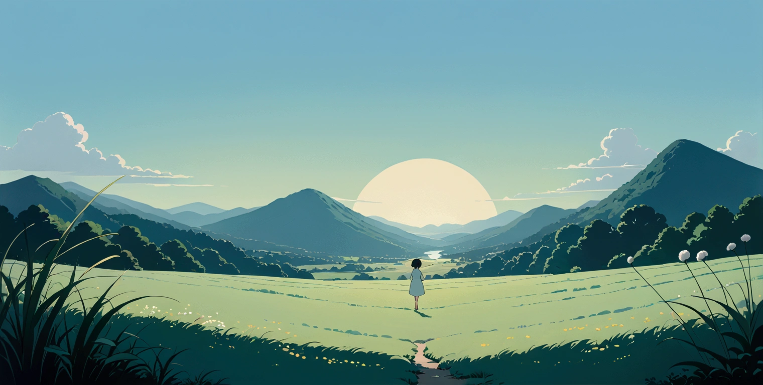 (minimalism:1.4), Lofi anime style, Studio Ghibli art, Miyazaki ,pastel , cute ,minimalist , landscape , SPIRITED AWAY From Hayao Miyazak