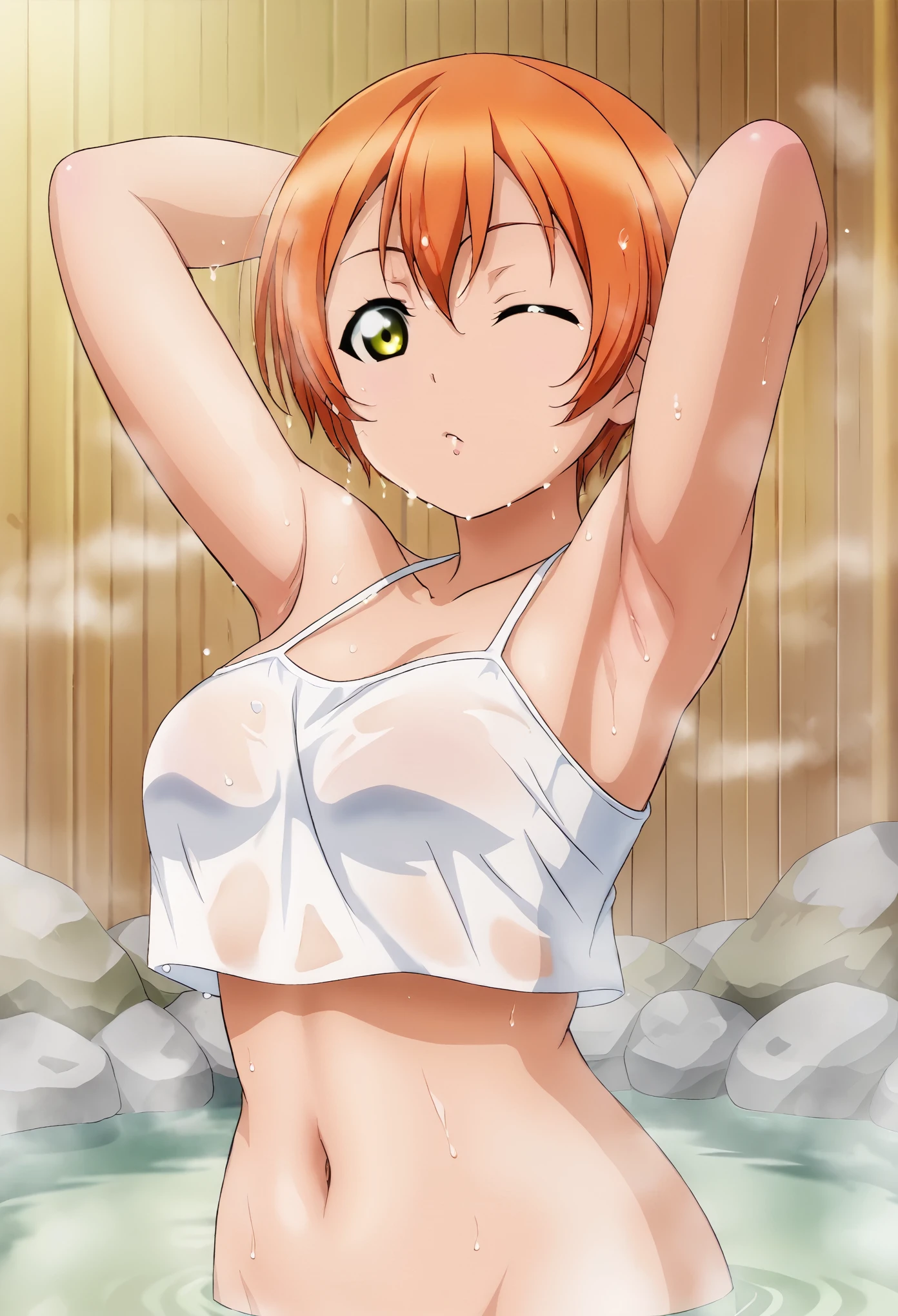 Masterpiece, best quality,Hoshizora rin,cowboy shot,solo ,yellow eyes, short hair, orange hair, solo, small breasts, looking_at_viewer, bangs, navel, cleavage, hair_between_eyes, medium_breasts, wet_hair, collarbone,nude, shiny, water, shiny_hair, wet, partially_submerged, bathing, bathtub, semi closed eyes, Blushing,love live style 