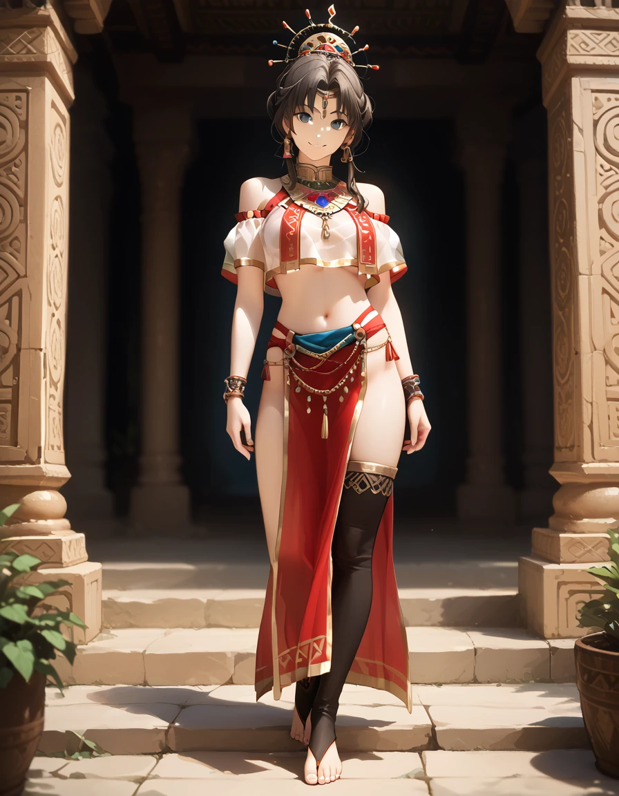 faint light , see through clothes , (best quality:1.2) , masterpiece , Full shot , pelvic curtain , toeless legwear , (breast_curtain , crop top:1.2) , active , jewelry , Shoulders are exposed , Zonau Civilization Costumes , Smile , Mayan Civilization Temple Outdoors , A thin band studded with jewels
