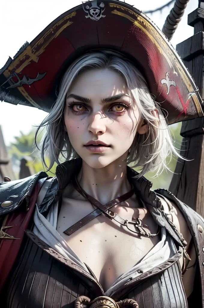 Anime-ish high quality, 1girl 1girl with a short bob cut hair, white hair, sexy, red eyes, pirate, pirate costume, pirate ship, looking away, looking at a crow's nest, ((female)),temple background,(beautiful bace),(girl),(female), chapéu de pirata, 
The level of detail is impressive, with intricate elements meticulously crafted, arte is hyper-maximalist e hyper-realist. volumetric effects add depth and dimension, and the photorealism is unmatched. The image is rendered in 8K resolution, ensuring super detailed visuals. Volumetric lighting adds a touch of magic, highlighting your beauty and aura in a supernatural way. High Dynamic Range (HDR) technology makes colors stand out, adding richness to the overall composition. Ultimately, this art presents an unreal portrait.