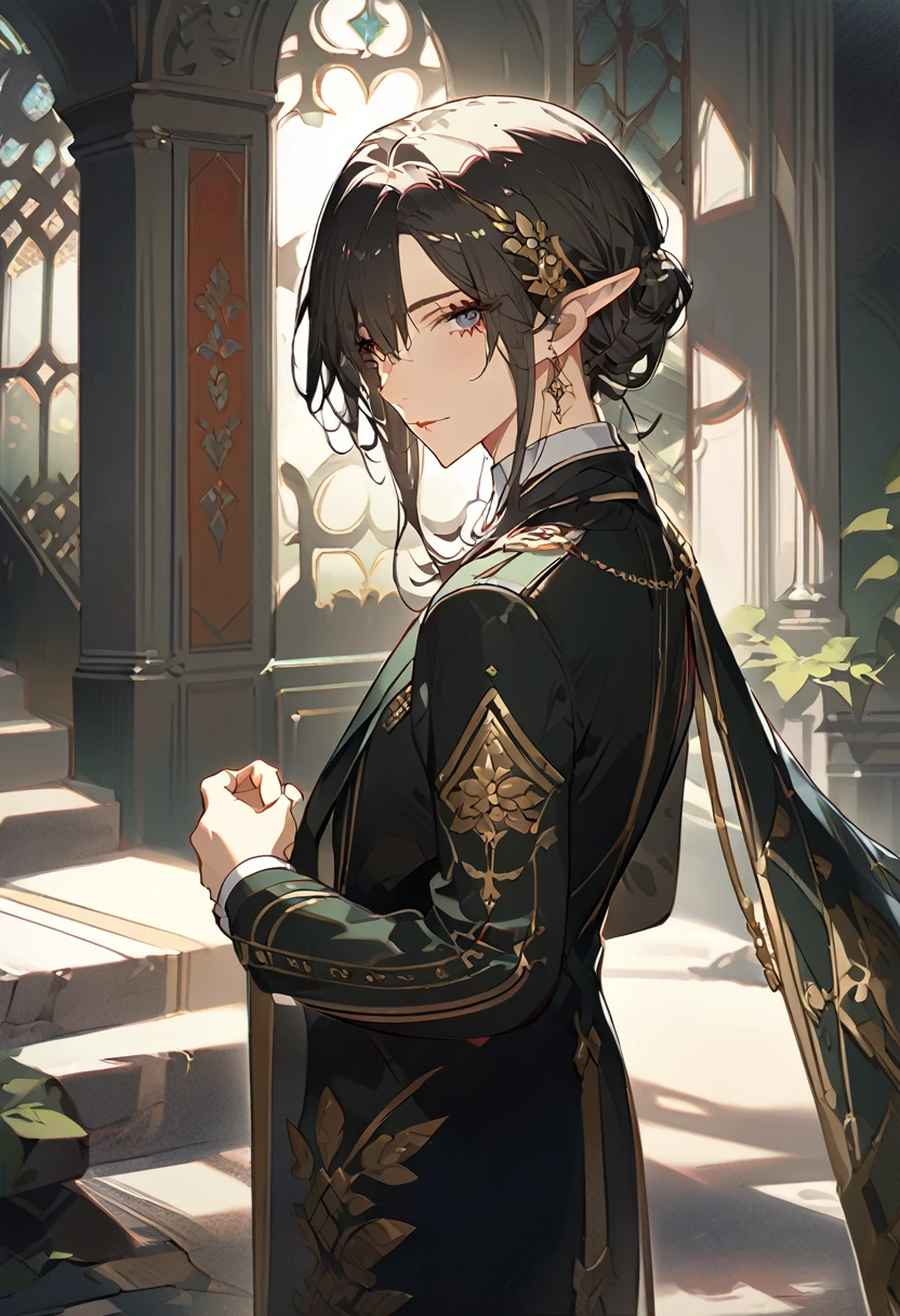 masterpiece, best quality, 8k ,4k , 1 male, elf, long ears elf, dark grayish hair, dark greenish eyes, hair ornament, finely detailed eyes and detailed face, looking at viewer, from side, meticulous clothes, formal clothes, combination of white and black coat, half cape by the shoulders, patterned clothes, majestic looks, sharp looks, shadows, inspired by Asukaziye artist : ask, art style : ask