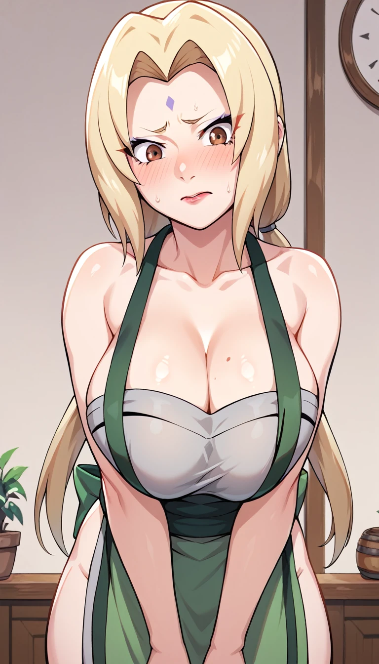 tsunade, blonde hair, yellow hair, facial mark, forehead mark, long hair, makeup, mature female, brown eyes, parted bangs, twintails, low twintails, large breasts, red face, embarrassed, Ashamed, Suspender Naked Apron, nude, BlushySpicy