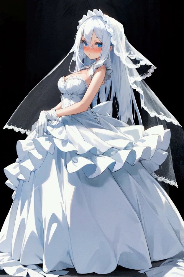 ((Best quality))),((Ultra-detailed)),((illustration)),((Disheveled hair)),((frilld)),(1 girl),(Solo),
1girl,blue bow,blue eyes,blue flower,blue ribbon,blue rose,bouquet,breasts,dress,flower,gradient,gradient background,grey background,jewelry,long hair,necklace,petals,rose,solo,veil,wedding dress,white dress,lexington \(warship girls r\),long dress,full body,Tan hair