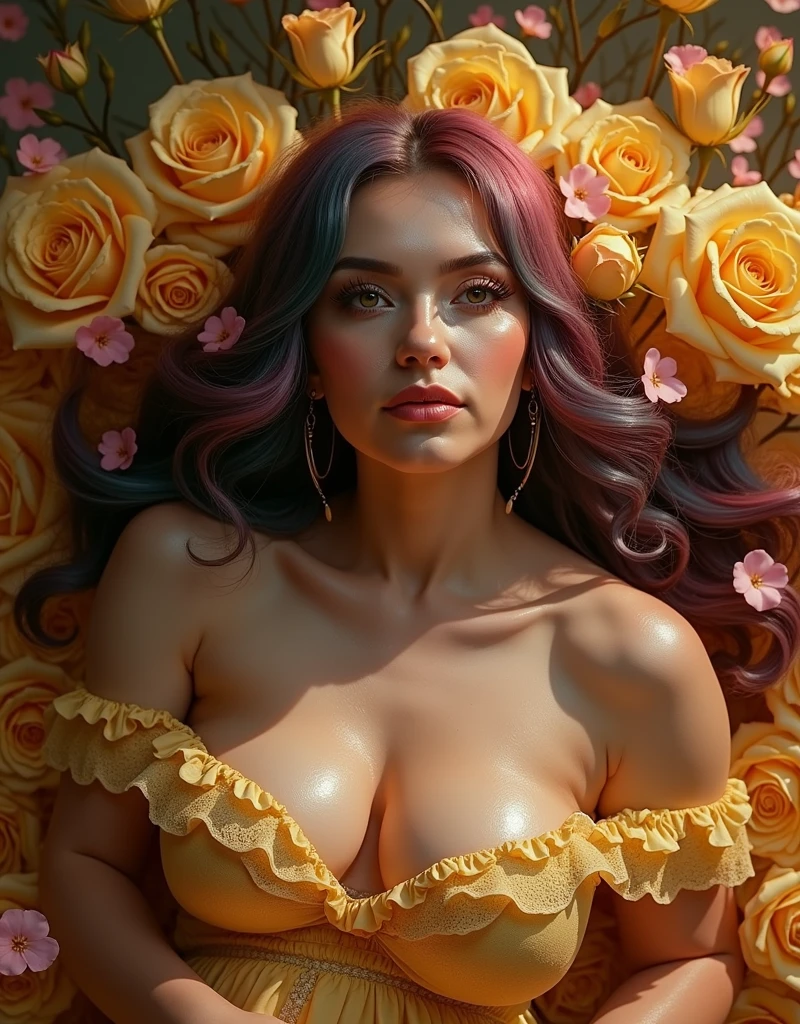 ((Masterpiece, Best Quality)), (Negative Space: 1.2), (1 Girl, Solo: 1.4), Petals, Green Eyes, Witch, Long, Black Hair, High Ponytail, Liquid Hair, Flowers, Forest Background, Naked, Large Breasts, Thick Thighs