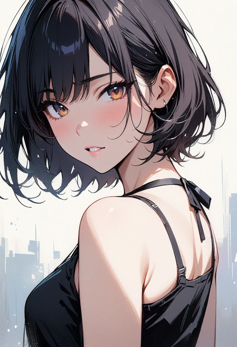 [(Beautiful young girl) (short black hair) (blue eyes) (flat chest) (small breasts)]  ([high Definition] [correct anatomy]):  (very close face) (smiling) (red cheeks) (in love expressions) (city background) 