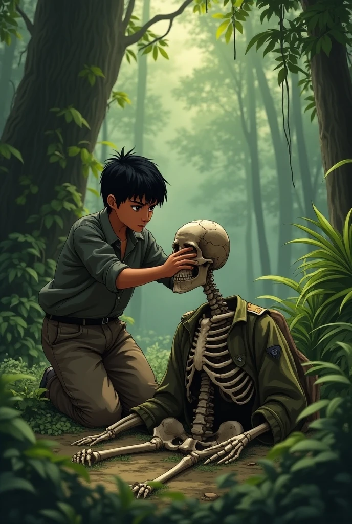 Anime brown skinned Indian boy 🟤 straight black hair tugging the head of a skeleton lying on the ground wearing army uniform in the forest 
