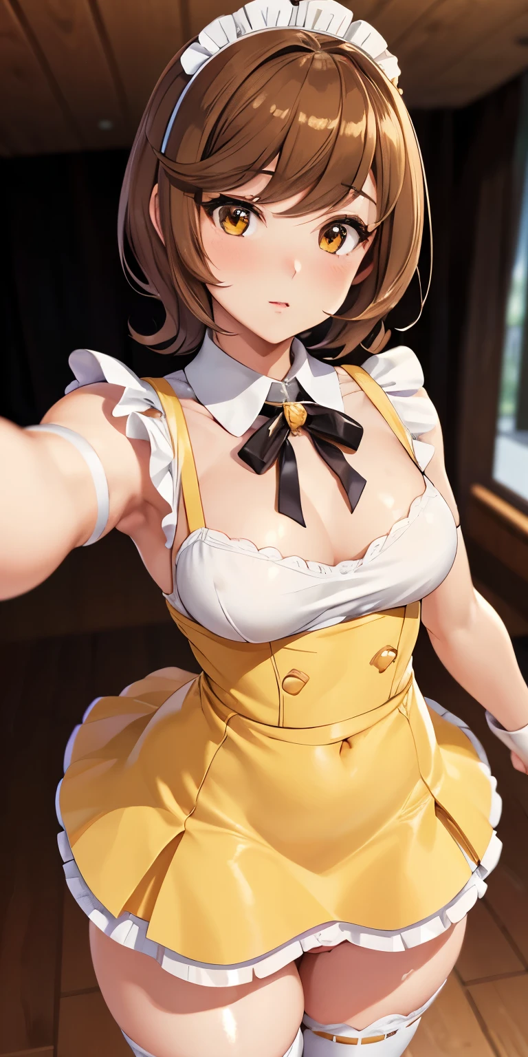 1 Female,High definition,high resolution,Ultra-realistic,8K,hmza, brown hair,short hair,yellow eyes, maid dress, maid costume,maid uniform,European,sexy,Upper body close-up,Photographed from the front,Dynamic Angles,private teacher,blush, small tits, (top view),(selfie),cameltoe ,(wide thighs:1.3)