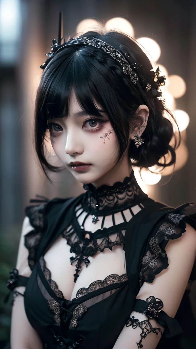 Surreal、A masterpiece of delicate and detailed line drawing、Highest quality、Highest quality、(One Woman、、(Big Breasts:1.3), (Big Ass:1.3)、(Black Hair、Hime cut, short hair:1.2)、(Natural Makeup、Eyelash extensions、Draw eyelashes sharply、Eyebrows are thin and short、Deep orange blush:1.1)、(Spaced out、Looks sleepy、Open your mouth、Slightly red cheeks:1.2)、(Simple black hair accessories、Gothic dress with exposed chest:1.3))、Dark Rose Gardens、Purple Rose、(Blur the background:1.3)、(Top view of the subject:1.1)、Photo from thigh up
