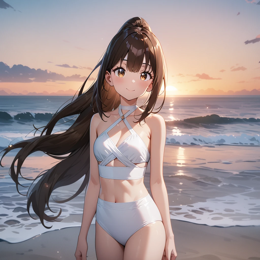 Bloom、lensflare、(8k、RAW、proffesional、top-quality、masterpiece:1.2)、(realisitic、Photorealsitic:1.37)、ultra-detailliert、(25mm portrait wide angle)、(Highest Details Skins:1.2)、(Supreme Detail Face:1.2)、Cinematographic lighting、1girl in、Brown straight hair、(Windy)、standing at the beach、looking in camera、The bikini、polite smile