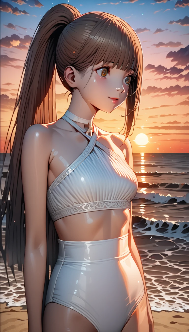 masterpiece, rich colors, Best quality, detailed, high resolution, Hyper quality, high detail, , high quality, detailing, skinny sexy girl on the beach , bright lighting , green eyes, Anime, palm trees, bright lighting, redhead,
