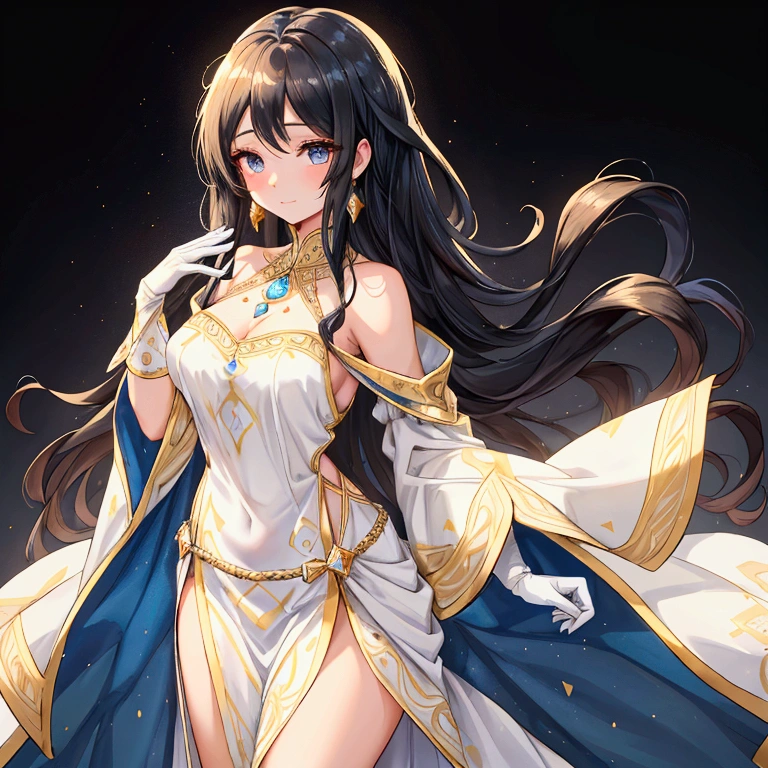 "A slender woman with long, flowing black hair, standing at 160 cm tall, weighing 45 kg, with a petite chest. Her eyes are a soft, pale blue, giving her a mysterious aura. She wears a flowing white gown adorned with intricate golden patterns and embroidery, which runs along the edges of the dress, giving it a royal and ancient look. Over the dress, she wears a structured, fitted blue and gold tunic with delicate designs that reflect her royal heritage. The tunic is cinched at the waist with a detailed belt featuring a large gem at its center, symbolizing power and wisdom. Her shoulders are covered with ornate golden armor pieces, adding a sense of strength and protection. She also wears long, white gloves that extend up to her elbows, contributing to her graceful and noble appearance. The image is rendered in ultra-high quality, capturing every fine detail with stunning clarity."