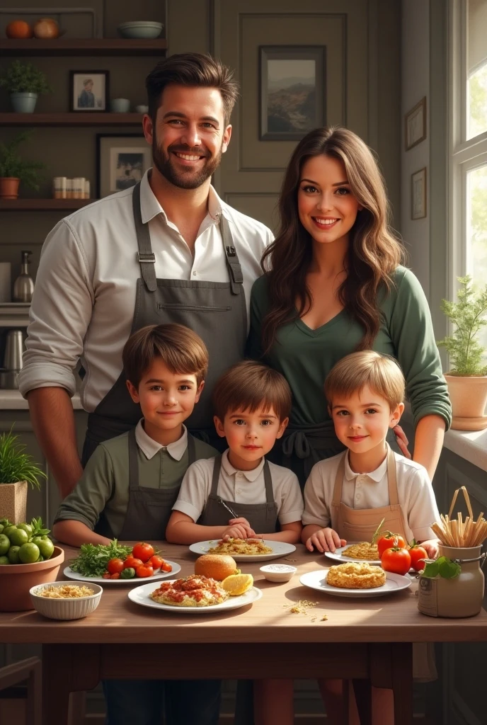 Logo cover for restaurant with Japanese characteristics, Italian pasta dough, Brazilian family, blonde woman cooking with her long black haired japanese husband, a  with curly light brown hair and a Japanese baby girl, with the name of the restaurant written "PraJapa", Indian spices and bottle of beer 