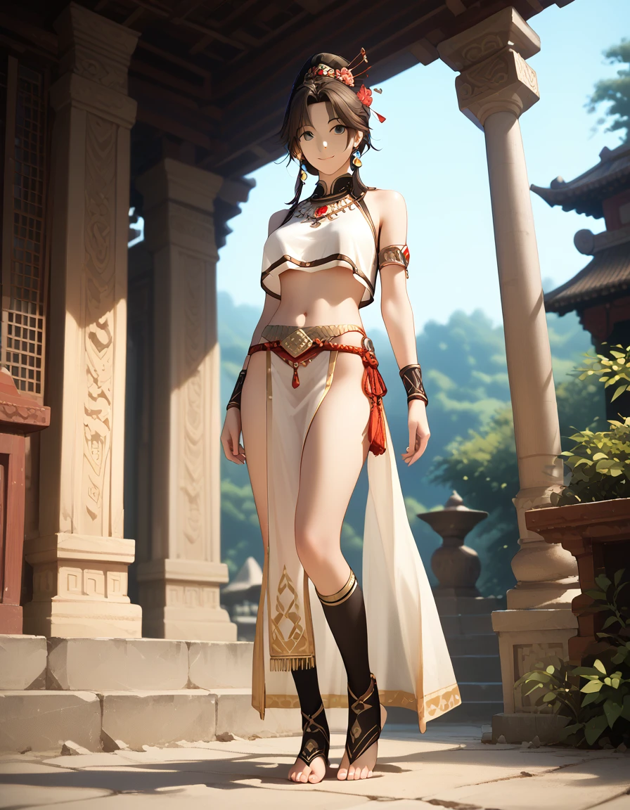 faint light , see through clothes , (best quality:1.2) , masterpiece , Full shot , pelvic curtain , toeless legwear , (Zonau Civilization Costumes, crop top:1.2) , active , jewelry , Shoulders are exposed , just a slight smile  ,  Mayan Temple Outdoors ,  thin band studded with jewels , breast_curtain
