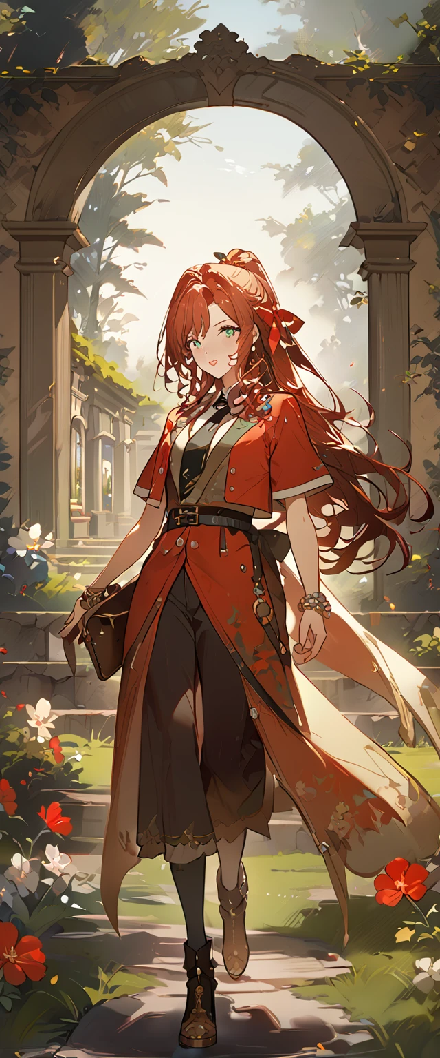 masterpiece, best quality, 8k, 4k, 1girl, aerith gainsborough, brown hair, high middle bang, longer side curly bang, long tight curly ponytail, green eyes, red hair ribbon, red bolero jacket, short sleeve jacket, cropped jacket, black tie choker, long pink straight dress, brown boots, bangles, walking in a garden, flowers, detailed background,, inspired by Asukaziye artist : ask, art style : ask