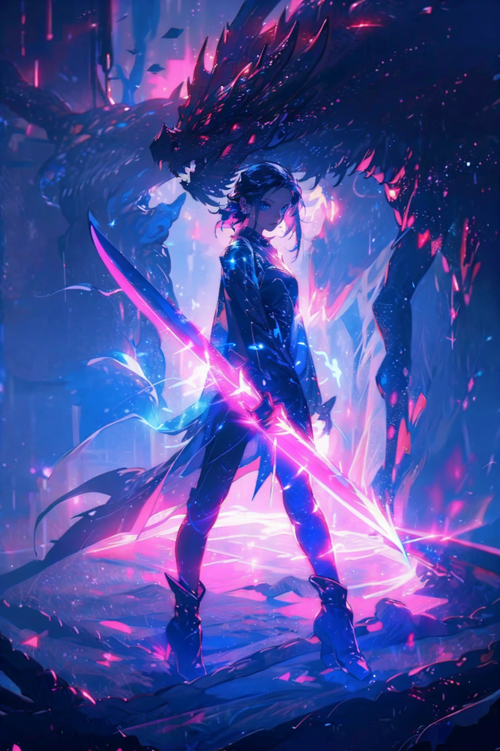 ((Best Quality)), ((masterpiece)), ((detailed)), ((High Definition)), 
1girl,solo,cool,(((pink short hair,blue eyes))),
The black silhouette of an anime-style magic swordsgirl,With a sparkle background,With a magical aura-cutting light,
hold a sword,with shining in rainbow lines were shiny and luminous, aiming a sword at viewer,
cyber,neon,lightning sword,thunder effect,dark neon dragon her background,