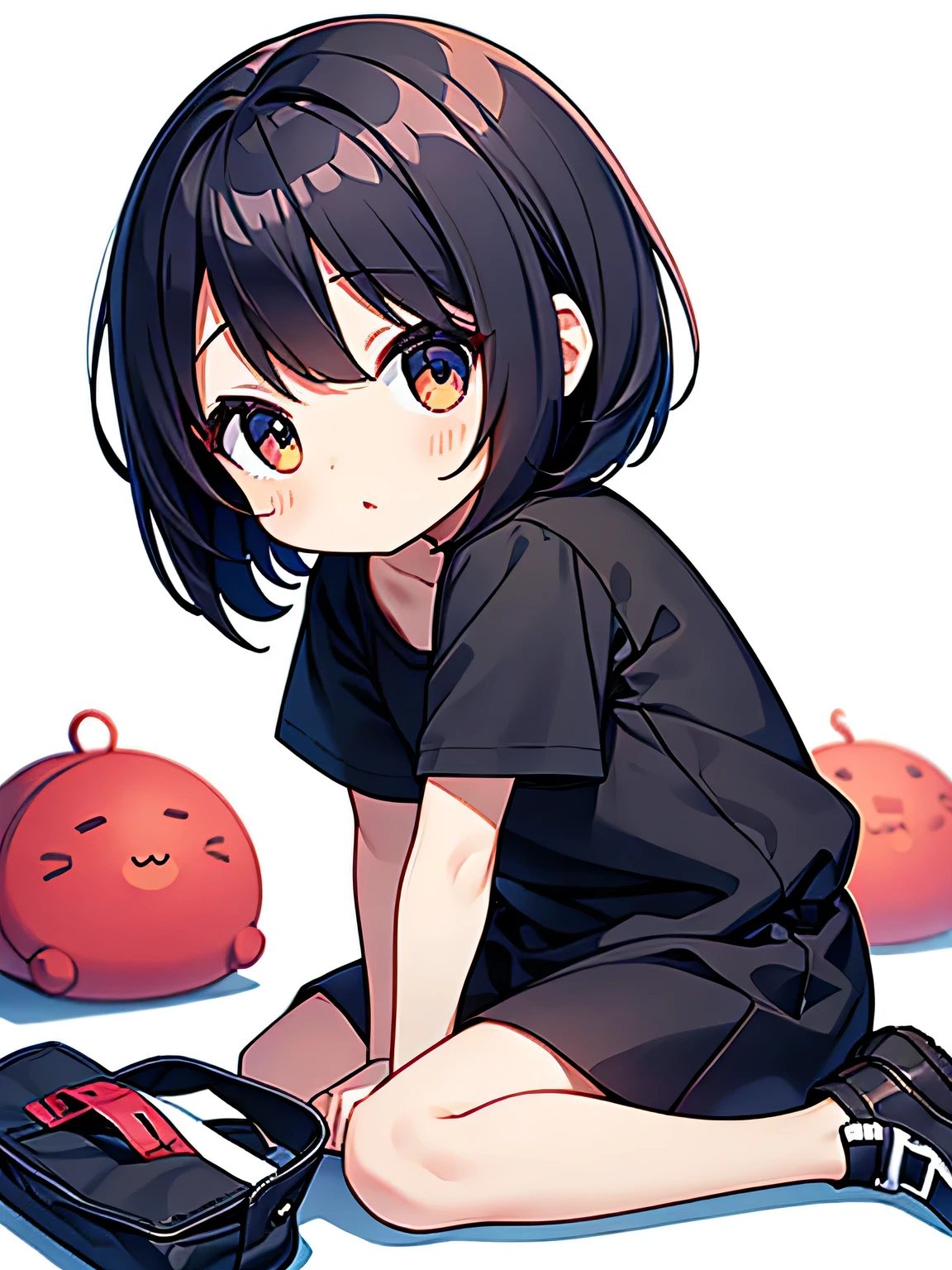 Chibi、girl、Bob Hair、Sitting sideways on the floor、White background