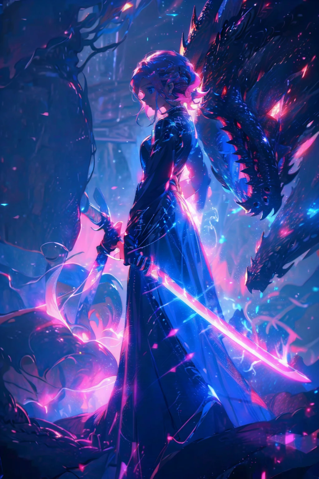 ((Best Quality)), ((masterpiece)), ((detailed)), ((High Definition)), 
1girl,solo,cool,(((pink short hair,blue eyes))),
The black silhouette of an anime-style magic swordsgirl,With a sparkle background,With a magical aura-cutting light,
hold a sword,with shining in rainbow lines were shiny and luminous, aiming a sword at viewer,
cyber,neon,lightning sword,thunder effect,dark neon dragon her background,