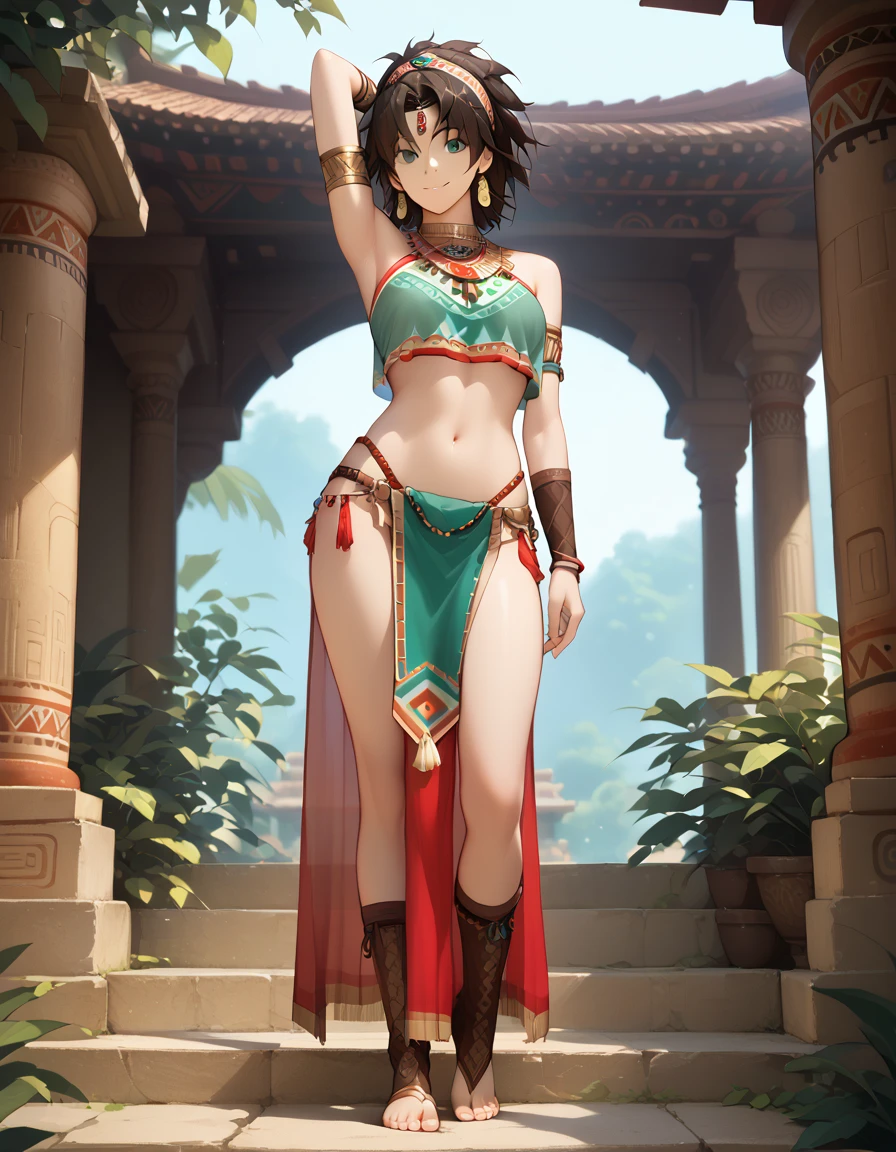 faint light , see through clothes , (best quality:1.2) , masterpiece , Full shot , pelvic curtain , toeless legwear , (Mayan attire, crop top:1.2) , active , jewelry , Shoulders are exposed , just a slight smile  ,  Mayan Temple Outdoors ,  thin band studded with jewels , breast_curtain ,  show armpits
