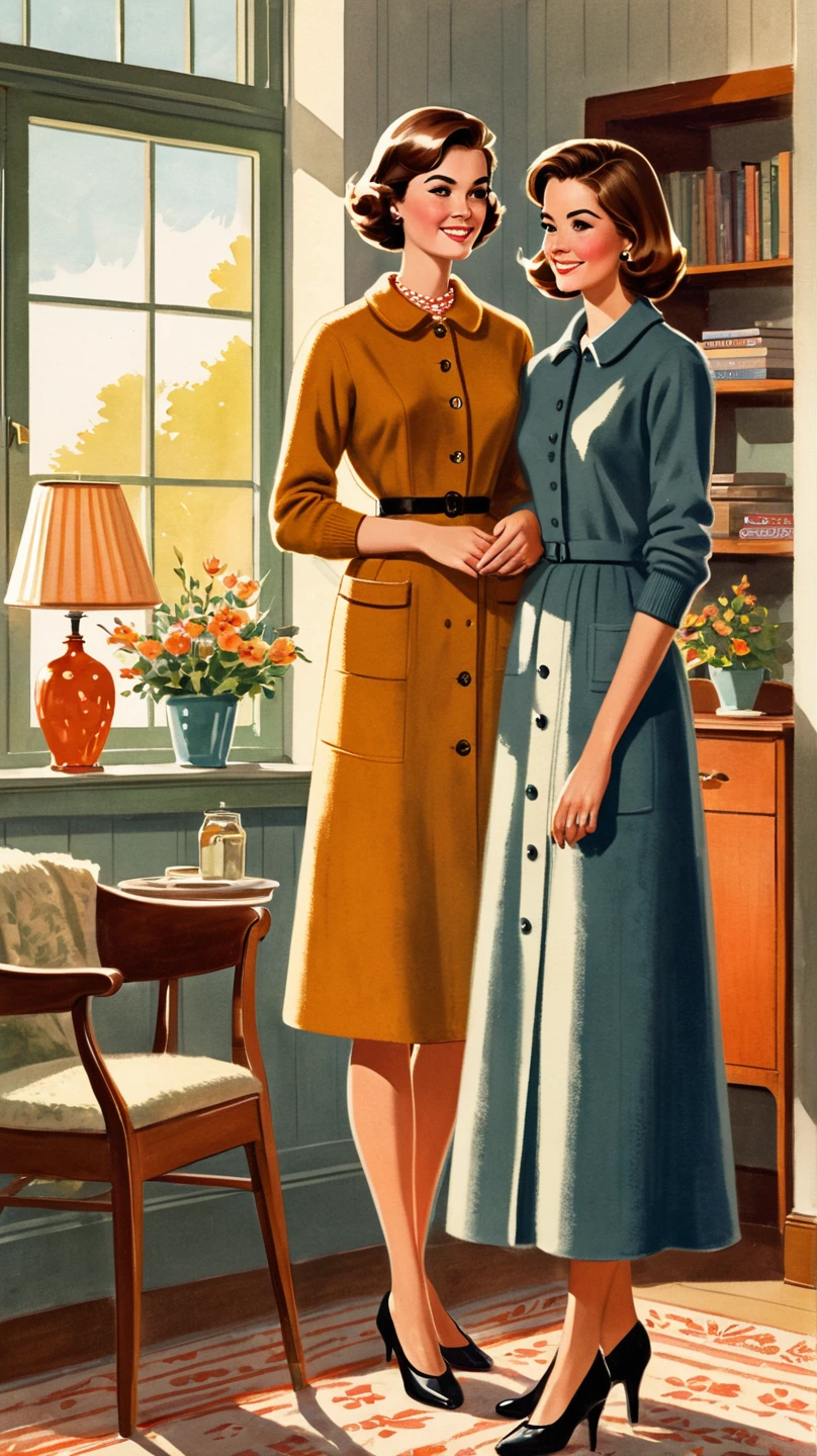 A refined illustration of a young woman in her early twenties, standing beside her . The two are in a cozy, nostalgic setting that reflects the warmth of family life in the 1960s. The mother's outfit is simple and chic, showcasing a loving bond.