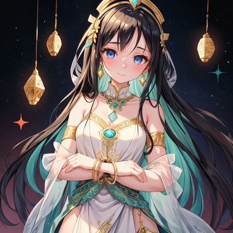 "A slender woman with long, flowing black hair, standing at 160 cm tall, weighing 45 kg, with a petite chest. Her eyes are a soft, pale blue, giving her a mysterious aura. She is dressed in a ceremonial green and white gown with intricate tribal patterns and symbols. The dress is sleeveless, exposing her shoulders, and features a straight neckline adorned with ornamental designs. The bodice is detailed with complex, geometric motifs in gold and white, with prominent symbols resembling ancient runes or crests. A long, green drape runs down the front of the dress, embellished with more geometric patterns and symmetrical designs, giving it a regal, tribal appearance. The waist is accented with layered fabric and a beaded belt-like decoration that adds texture and depth. The dress flows elegantly to the floor, with the back being slightly longer, creating a slight train. Around her arms and wrists, she wears matching grayish armbands and bracelets. The look is completed with a delicate golden headpiece, featuring small gems, which rests on her forehead. The image is rendered in ultra-high quality, capturing every fine detail with stunning clarity."