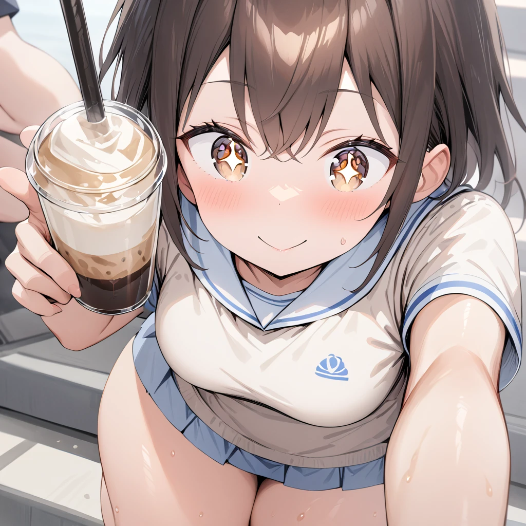 (highest quality), (masterpiece), 1080P, HD, 4K, 8K, Composition from directly above, Woman sitting in, smile, With milk, woman covered in semen, wet face, sweaty, White sweat, White body fluids,  on the face and hair, , White tears, Without、cry, high school student, Torn school uniform, Medium chest, whole body, black hair, hair arrange, White lace panties, white socks, black leather shoes, Crowded train, Many men around