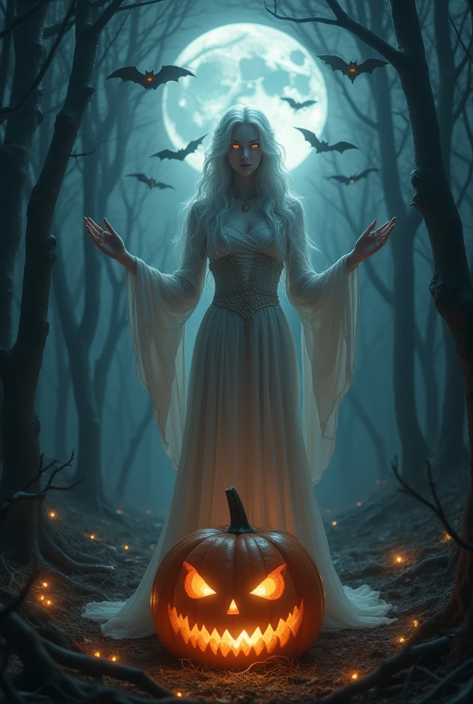 woman, albino, witch, pumpkin, night, bats