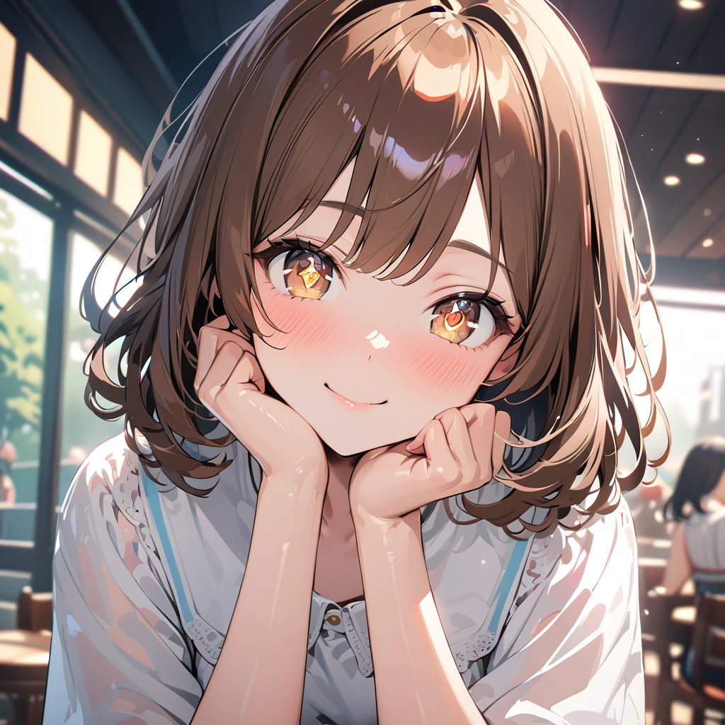good looking, alone, 1 female, Medium Hair, Brown Hair, Pink highlights on the tips, Light pink eyes,Smile Facial,blue sky,juice