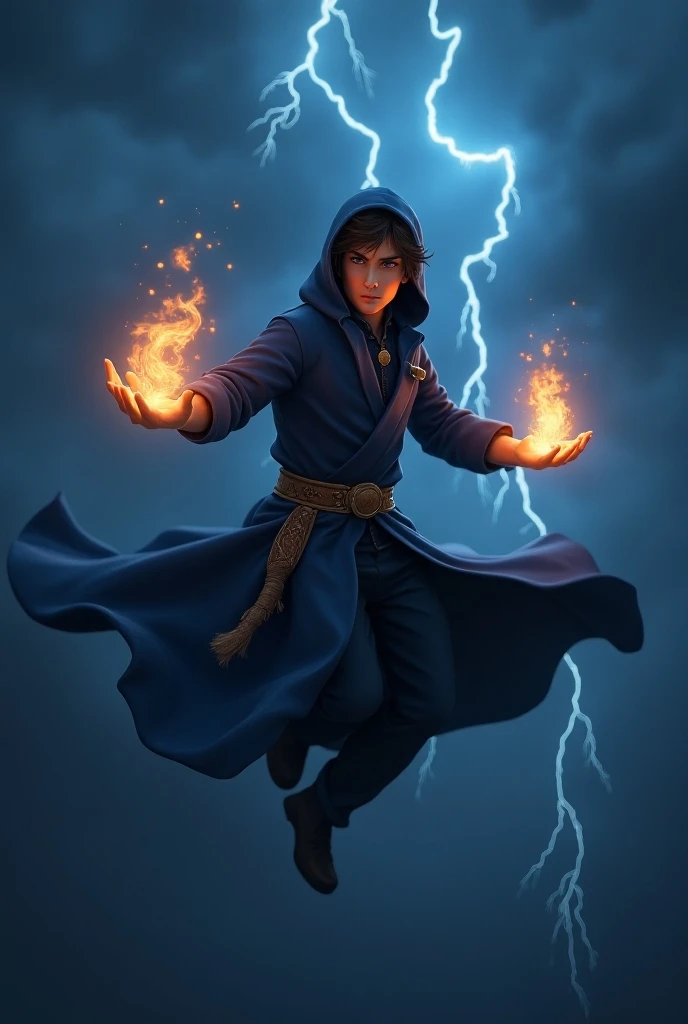 A young male wizard, wearing elegant blue assassin clothes, flying in the sky, with 2 small flames on the palms of his hands. Against the backdrop of the dark night sky, lightning flashes across the sky. High quality 3d fantasy images