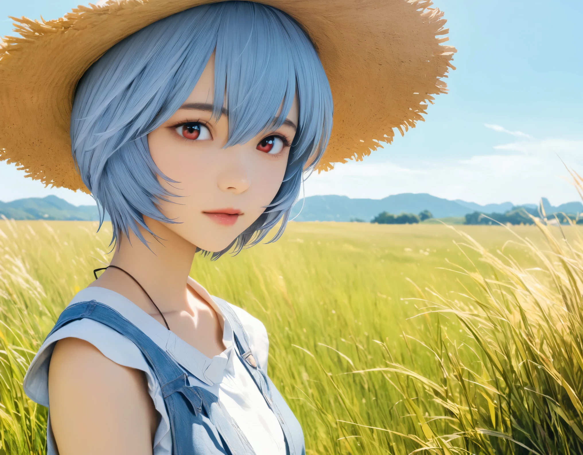 (best quality, 8k, high resolution:1.2), 1girl, ayanami_rei, grassland, blue sky, upper body