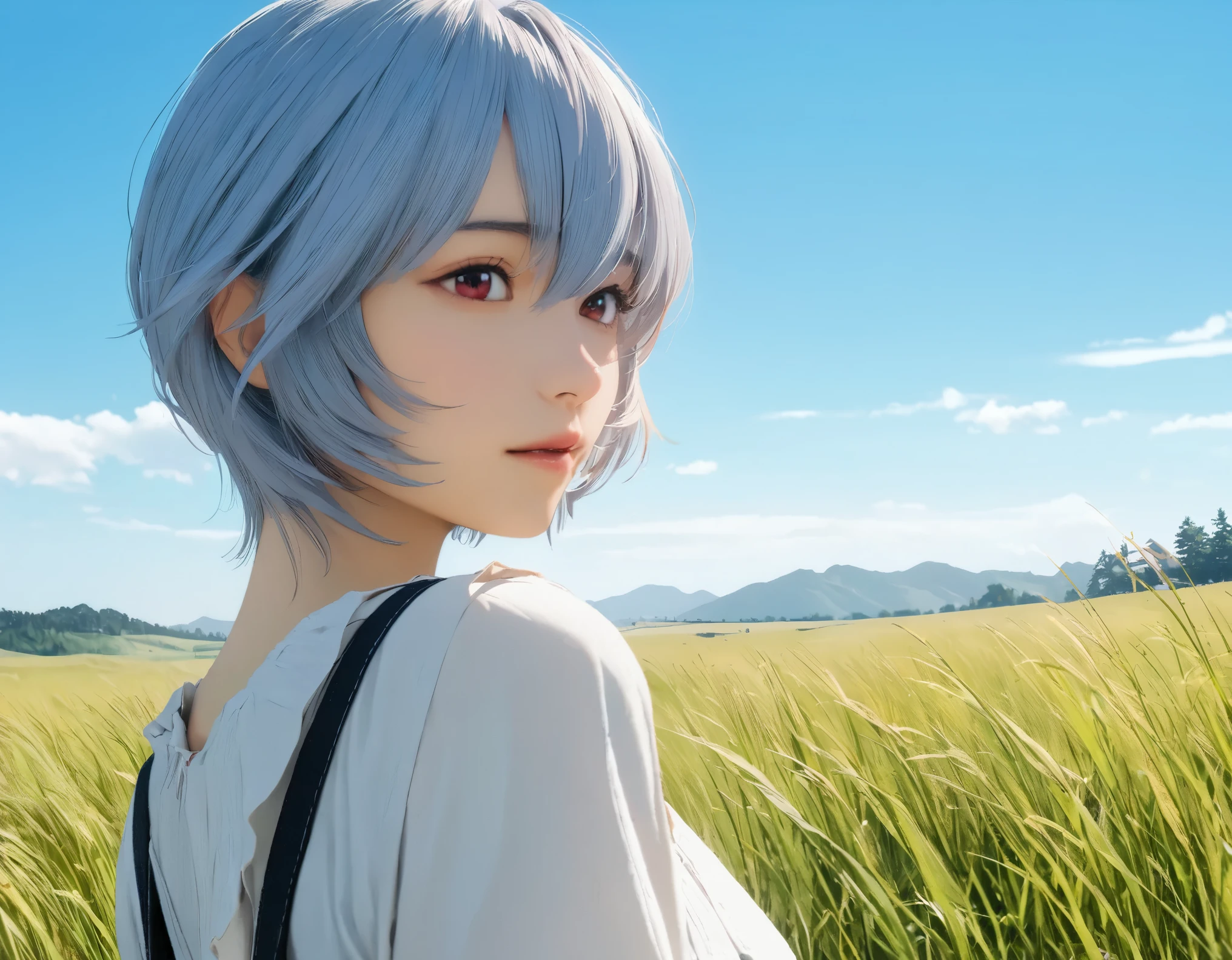 (best quality, 8k, high resolution:1.2), 1girl, ayanami_rei, grassland, blue sky, upper body