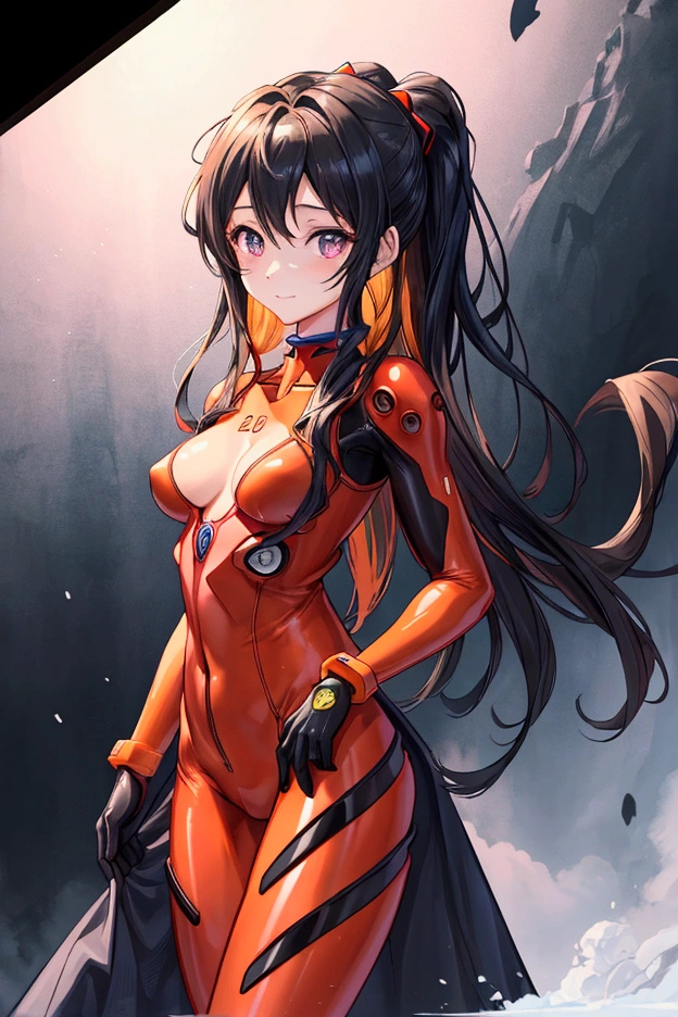 best quality, masterpiece,  hairpods, skin_tight, bodysuit, gloves, bracer, multicolored_clothes, 1girl, rebuild_of_evangelion, silhouette, orange_bodysuit, solo, red_bodysuit, closed_mouth, neon_genesis_evangelion, souryuu_asuka_langley, medium_breasts, hand_on_own_hip, multicolored_bodysuit, plugsuit, interface_headset, breasts　"A slender woman with long, flowing black hair, standing at 160 cm tall, weighing 45 kg, with a petite chest. Her eyes are a soft, pale blue, giving her a mysterious aura. The image is rendered in ultra-high quality, capturing every fine detail with stunning clarity."