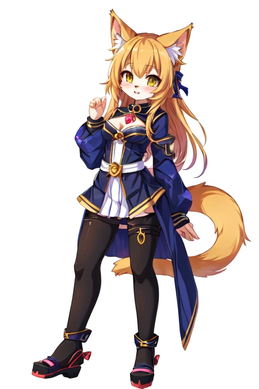 Imagine a woman with long, yellow hair, that falls in soft waves. She wears a black and orange bow on her head., which stands out as a kind of ornament that imitates the shape of ears. your eyes are blue, with a small white ball in the middle, giving them a special shine.
His outfit is predominantly dark blue., with gold and white details, and the garment is adorned with white flowers, adding a delicate touch with a black head veil.
She wears black stockings and gloves, and a black star holds back part of her hair.
Furthermore, she has a tail, which becomes a distinctive feature of your look. His personality is divided into two manipulative facets: one is cunning and charming, while the other is cold and calculating. Each of the two personalities has different powers., reflecting her contrasting natures and making her a multifaceted and intriguing character.
With a delicate body with large breasts and large sensations.