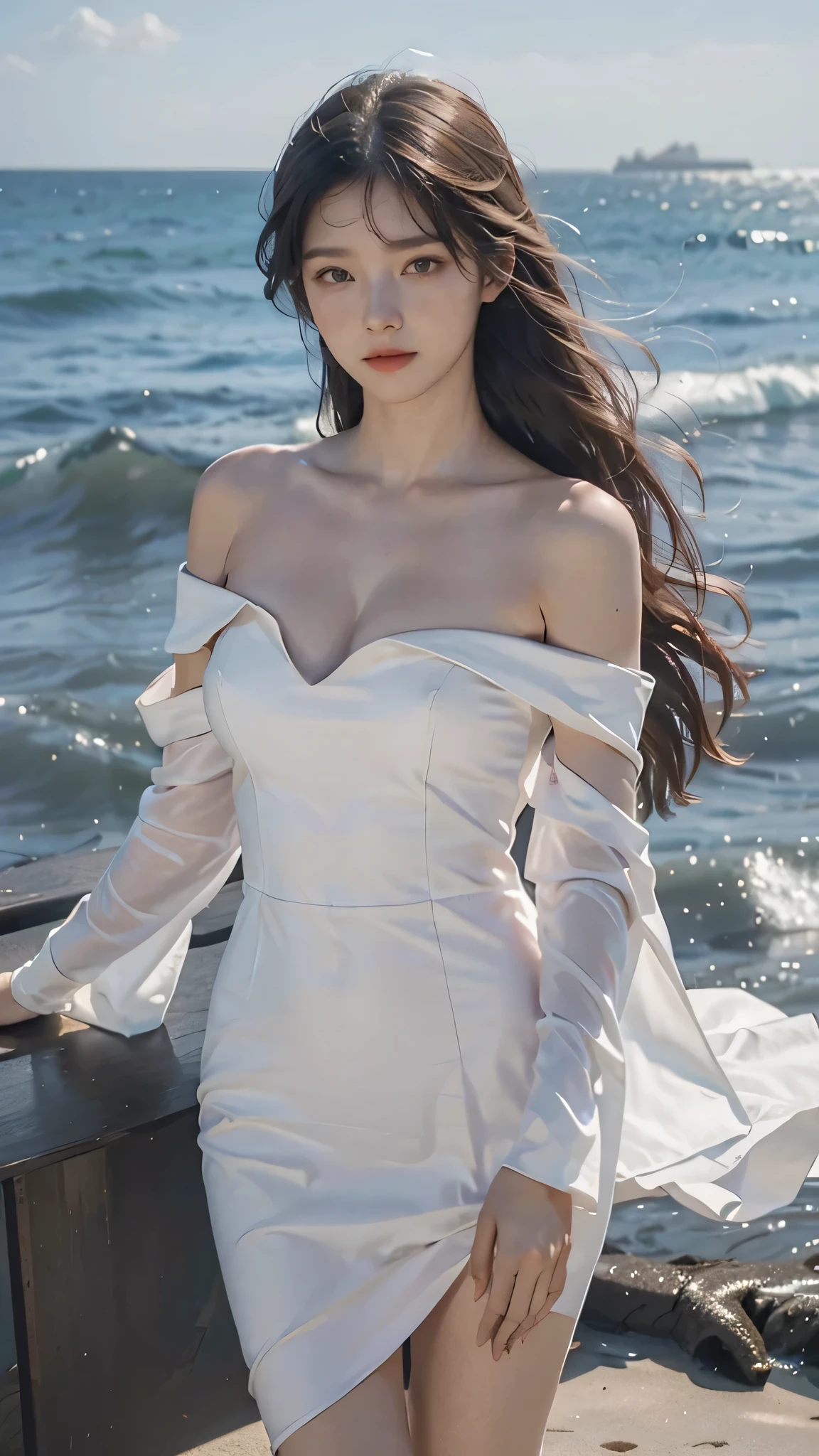 4k ultra hd, masterpiece, a girl, good face, detailed eyes, very lng hair, detailed lips, very detailed dress, white dress, closed up, dim lighting, blowing wind, sitting,