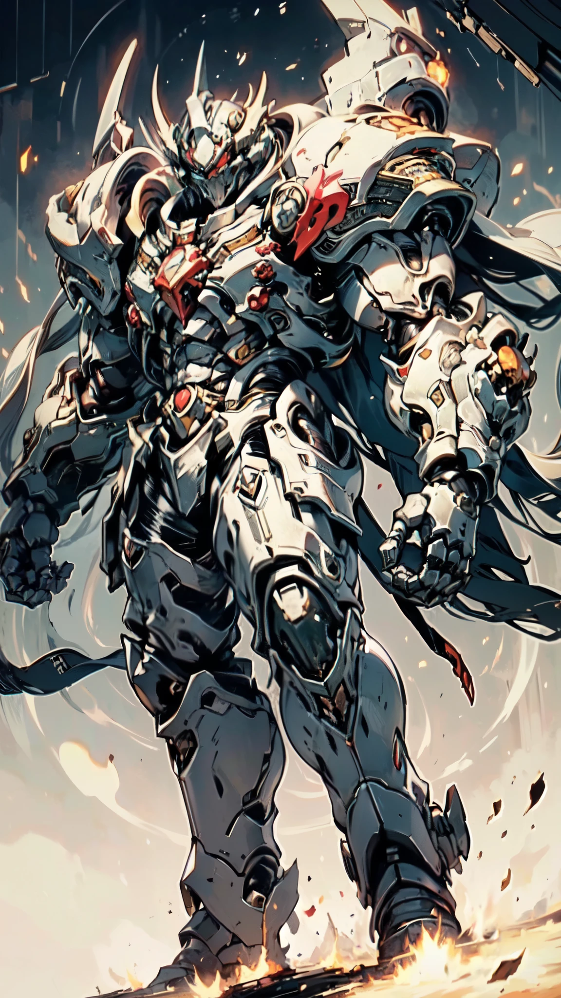 (masterpiece:1.5, best quality:1.5, extremely delicate:1.5, dynamic angle:1.5), ((male:1.5)), Biomimetic humanoid Mecha, green eyes, fully enclosed shoulder guards, matching arm and leg guards, gemstone, full body, full armor, the design balances heavy with agility, organic biotech armor, (the color scheme is primarily Black and White with Golden and Red accents, concept Inspired by Bat, glowing eyes, the armor glows), standing, floating high above the futuristic sci-fi city, a finely crafted Super robot in anime style, exquisite and mature art style, metallic, dramatic, high definition, highres, ultra-detailed, ultra-fine painting, professional, anatomically correct, symmetrical face, extremely detailed eyes and face, high quality eyes, creativity, RAW photo, UHD, 32k, Natural light, cinematic lighting, (masterpiece-anatomy-perfect:1.2)