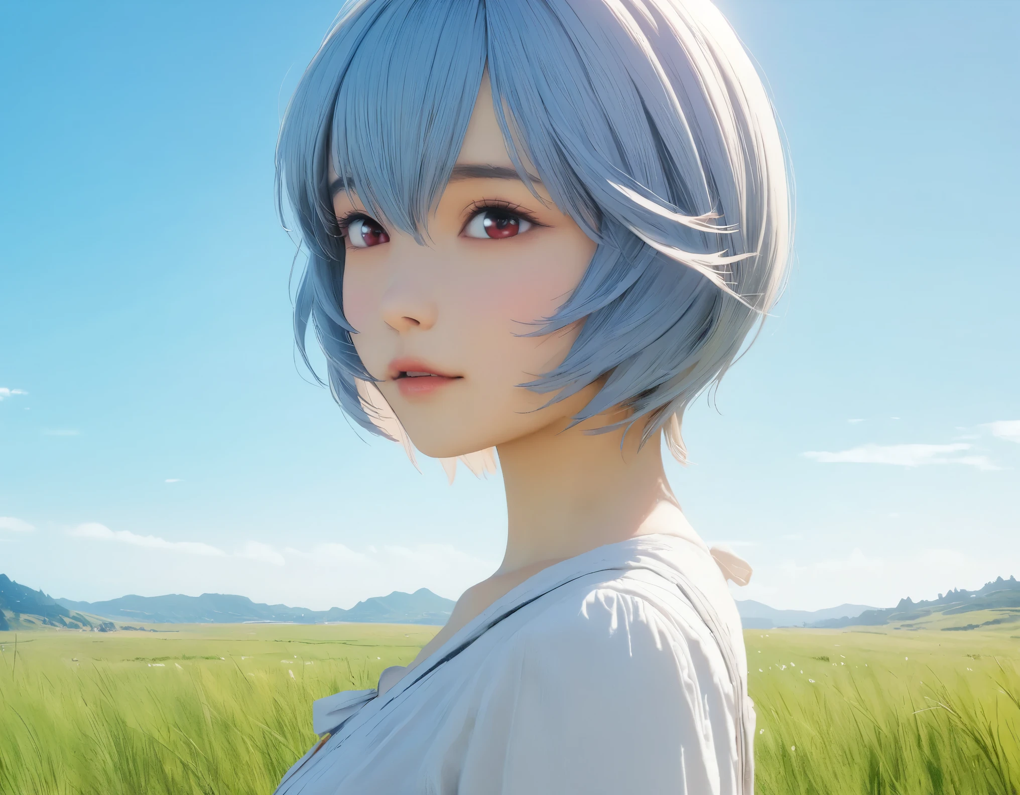 (best quality, 8k, high resolution:1.2), 1girl, ayanami_rei, grassland, blue sky, upper body